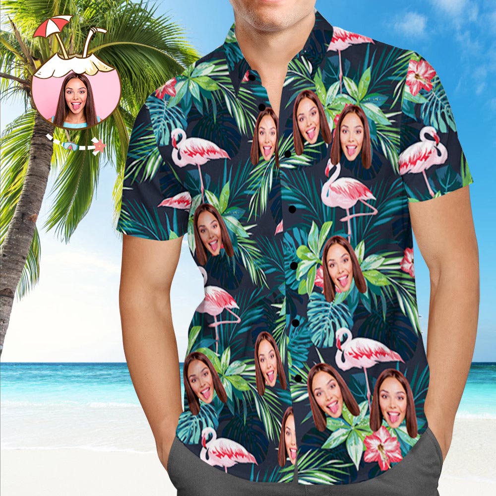 Hemd mit Gesicht Benutzerdefiniertes Gesicht Flippiges Hawaiihemd Blätter & Flamingo Button-Down-Hemden